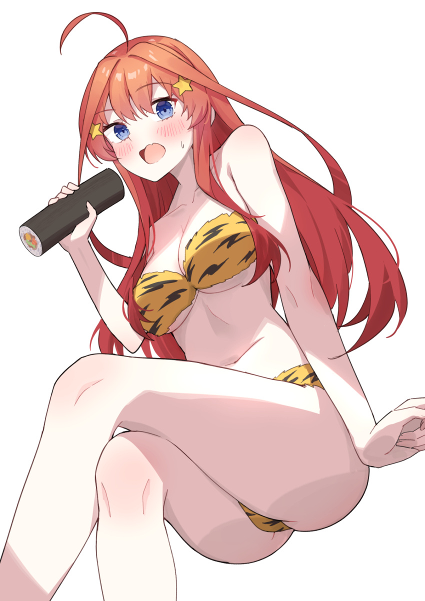 1girl ahoge animal_print arm_at_side bare_shoulders blue_eyes blush breasts cleavage collarbone commentary_request crossed_legs curvy ehoumaki feet_out_of_frame food from_below frown go-toubun_no_hanayome hair_between_eyes hair_ornament hand_up highres holding holding_food large_breasts long_hair looking_at_viewer looking_down makizushi nakano_itsuki open_mouth panties profnote red_hair setsubun sidelocks simple_background solo star_(symbol) star_hair_ornament sushi sweatdrop thighs tiger_print underboob underwear white_background yellow_panties