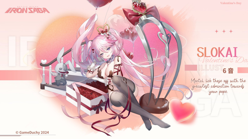 1girl 6_yin artist_name breasts character_name chocolate cleavage copyright_name flower full_body gloves hair_flower hair_ornament heterochromia highres iron_saga logo long_hair no_shoes official_alternate_costume official_art pink_eyes pink_hair purple_eyes red_flower second-party_source slokai_(iron_saga) smile solo thighhighs valentine