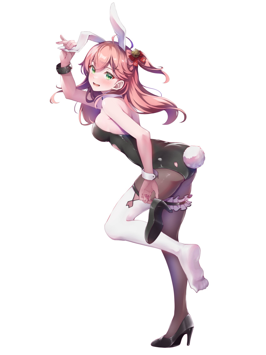 1girl :d absurdres animal_ears bare_shoulders bent_over black_footwear black_leotard black_pantyhose blush bow breasts brown_hair dot_nose fake_animal_ears fake_tail feet foot_up from_side full_body green_eyes hair_between_eyes hair_bow hand_on_headwear hand_up high_heels highres holding holding_shoes leotard looking_at_viewer medium_breasts one_side_up open_mouth pantyhose playboy_bunny rabbit_ears rabbit_tail red_bow sakura_miko shoes sideboob simple_background smile soles solo strapless strapless_leotard tail thighhighs thighhighs_over_pantyhose tmo-cat toes unworn_shoes white_background white_thighhighs wrist_cuffs