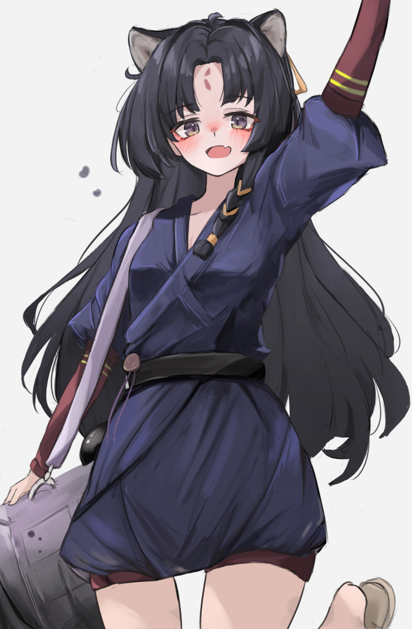 1girl :d animal_ears arknights arm_up bag bare_legs black_hair blue_eyes blue_kimono blush breasts carrying_bag facial_mark forehead_mark highres japanese_clothes kari90909 kimono long_hair looking_at_viewer purple_eyes saga_(arknights) sandals shoulder_bag slit_pupils small_breasts smile solo standing standing_on_one_leg very_long_hair waving_arm