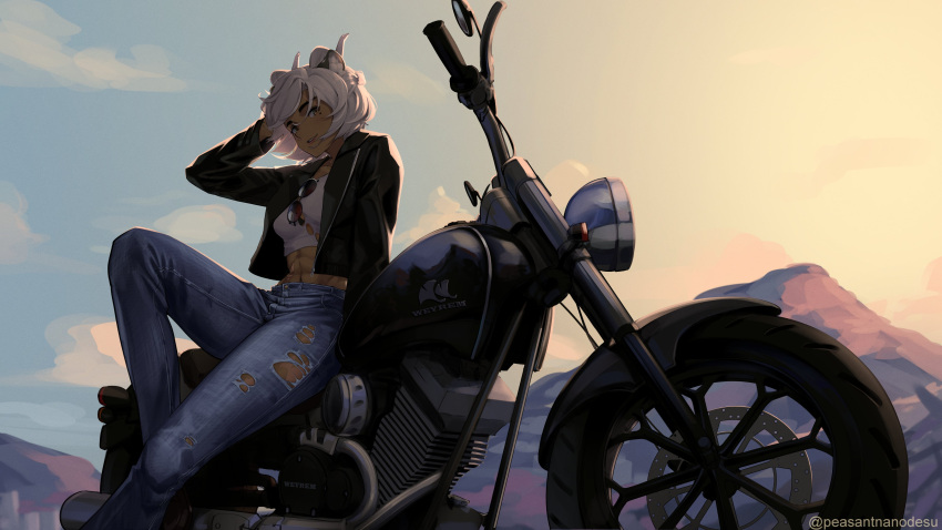 1girl abs absurdres animal_ear_fluff black_jacket blue_pants breasts chinchilla_ears commission crop_top dark-skinned_female dark_skin denim grey_hair highres horns indie_virtual_youtuber jacket jeans mole mole_under_eye motor_vehicle motorcycle mountain muscular muscular_female on_motorcycle open_clothes open_jacket p-san_(sansin) pants round_eyewear sansin_jin shirt short_hair sitting solo torn_clothes torn_jeans torn_pants torn_shirt twitter_username unworn_eyewear virtual_youtuber white_shirt zipper zipper_pull_tab