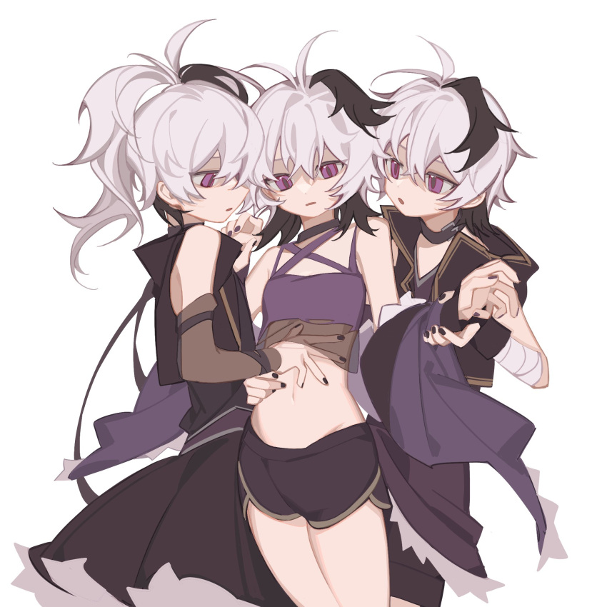 3girls androgynous antenna_hair bandaged_arm bandages bare_shoulders black_choker black_collar black_hair black_nails black_shorts black_skirt black_vest breasts choker collar crop_top cross-laced_clothes cross-laced_top detached_sleeves eight-b flower_(gynoid_talk) flower_(vocaloid) flower_(vocaloid3) flower_(vocaloid4) fur-trimmed_jacket fur_trim gynoid_talk hand_on_another's_arm hand_on_another's_stomach hand_on_another's_waist highres jacket jacket_partially_removed looking_at_another midriff multicolored_hair multiple_girls multiple_persona nail_polish navel parted_lips ponytail purple_eyes purple_shirt purple_vest see-through see-through_shirt see-through_sleeves selfcest shirt short_hair short_shorts shorts skirt sleeveless small_breasts streaked_hair tomboy v-neck vest vocaloid white_background white_hair yuri