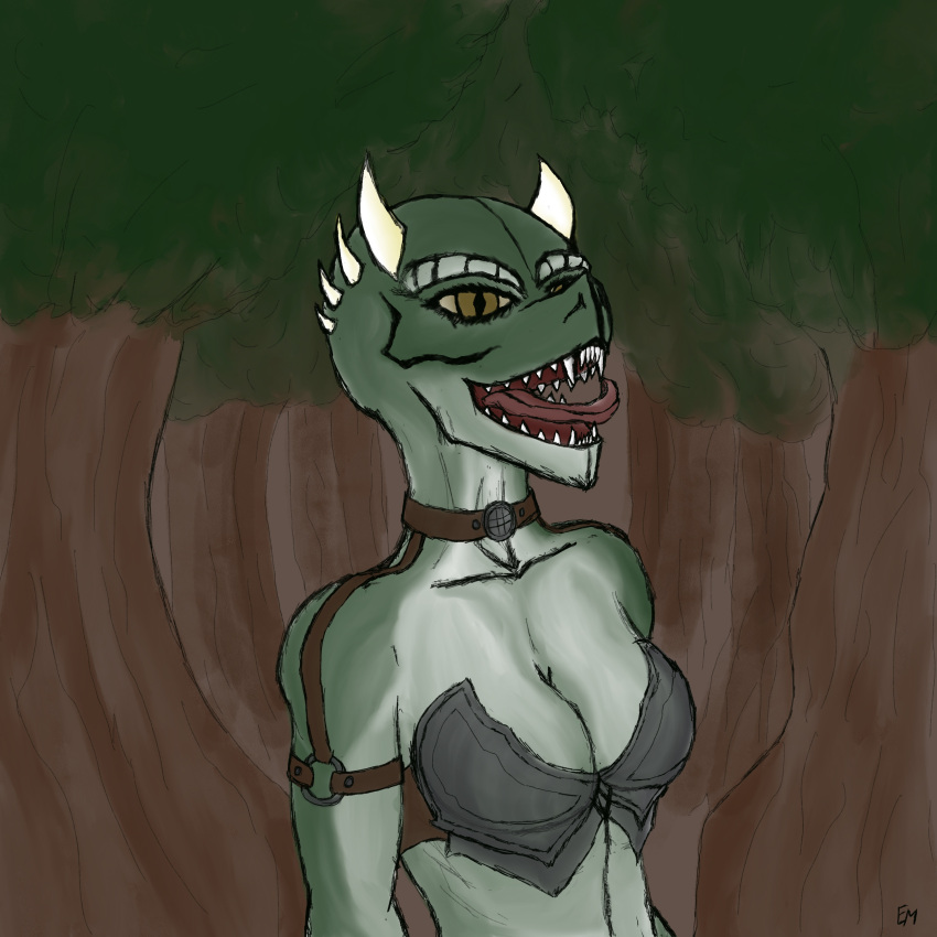 absurd_res anthro argonian barbarian bethesda_softworks bra breasts brown_eyes clothing cursedtemplar eyelashes female forest forest_background green_body green_scales half_naked hi_res horn humanoid jewelry nature nature_background necklace outside plant reptile scales scalie side_view solo teeth_showing the_elder_scrolls tongue tongue_out tree underwear watermark