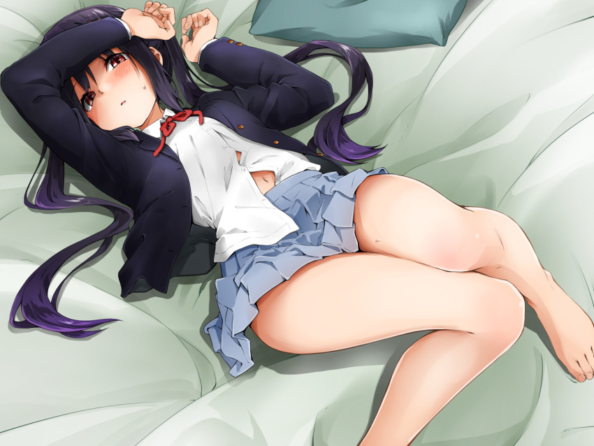 1girl arm_up barefoot black_hair blazer brown_eyes collared_shirt commentary_request commission grey_skirt hand_up highres jacket k-on! kagiana long_hair long_sleeves nakano_azusa navel neck_ribbon no_legwear on_bed open_clothes open_jacket pleated_skirt red_ribbon ribbon sakuragaoka_high_school_uniform school_uniform shirt shirt_partially_tucked_in skeb_commission skirt solo toes twintails white_shirt winter_uniform