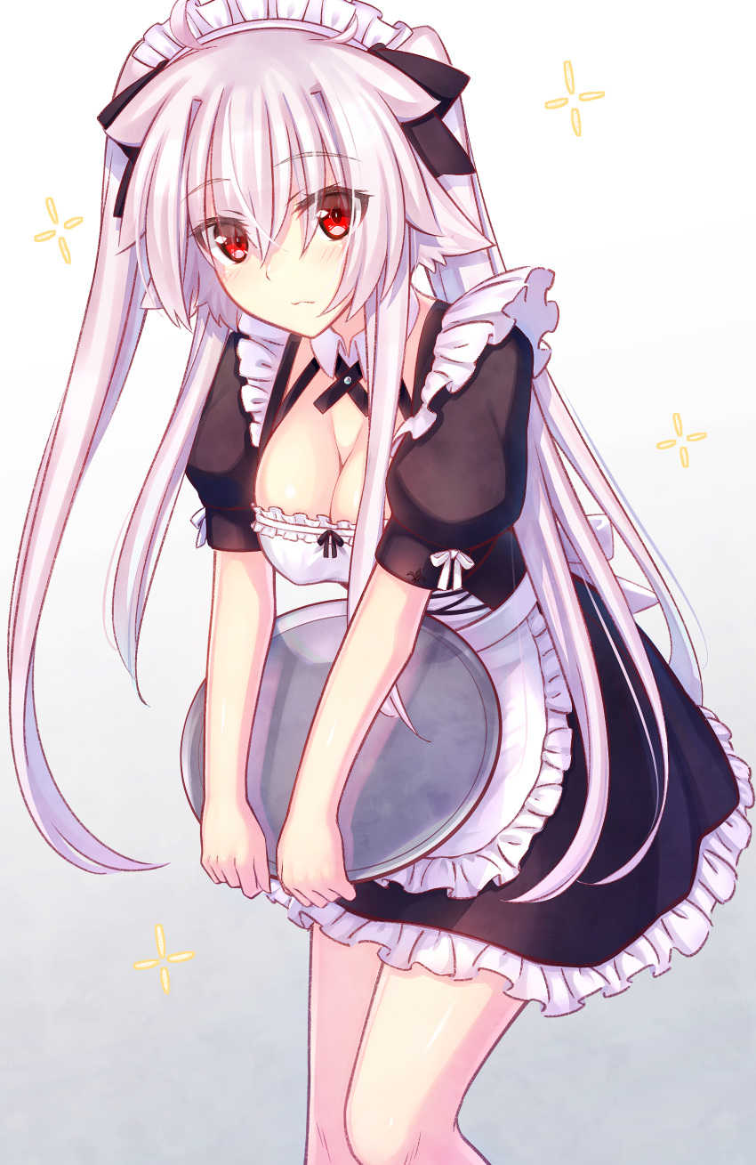 absurdres apron black_dress breasts cleavage closed_mouth commentary_request dress feet_out_of_frame frilled_apron frilled_dress frills gradient_background grey_background grey_hair hair_between_eyes highres holding holding_tray maid maid_headdress medium_breasts murasame_shia original puffy_short_sleeves puffy_sleeves red_eyes short_sleeves solo standing tray twintails white_apron white_background