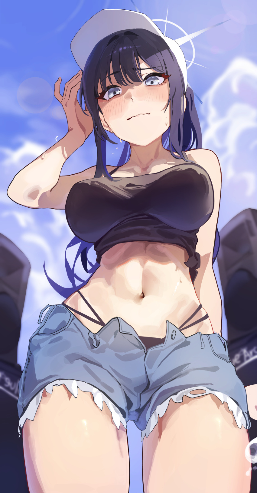 1girl absurdres alternate_costume amplifier arm_behind_back arm_up baseball_cap black_hair black_panties black_shirt blue_archive blue_eyes blue_hair blue_shorts blue_sky blurry blurry_background blush breasts closed_mouth cloud colored_inner_hair commentary crop_top cumulonimbus_cloud cutoffs day denim denim_shorts from_below gubbi_on halo hat highleg highleg_panties highres korean_commentary large_breasts lens_flare long_hair looking_at_viewer looking_down midriff multi-strapped_panties multicolored_hair navel open_fly outdoors panties saori_(blue_archive) shirt shorts sky sleeveless sleeveless_shirt solo sweat two-tone_hair underwear wavy_mouth white_halo white_headwear