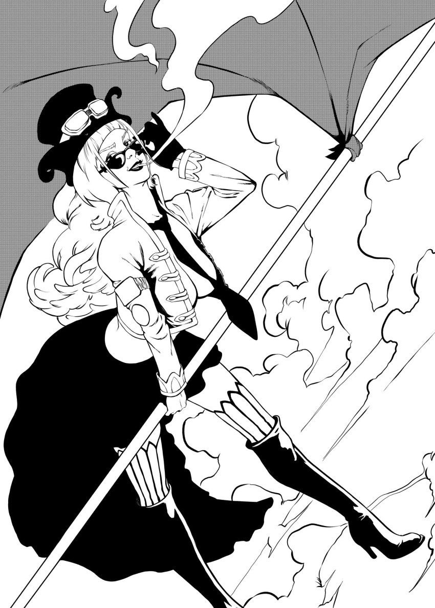 1girl belo_betty bob_cut boots cigarette cloud dborod english_commentary flag goggles goggles_on_headwear greyscale hat high_heel_boots high_heels highres holding holding_flag jacket looking_at_viewer monochrome necktie one_piece skirt smile smoke solo
