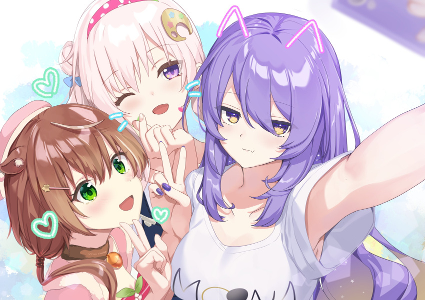 3girls airani_iofifteen airani_iofifteen_(1st_costume) area_15 ayunda_risu ayunda_risu_(1st_costume) birthday blush brown_hair commentary fang fang_out finger_heart green_eyes highres hololive hololive_indonesia long_hair looking_at_viewer moona_hoshinova moona_hoshinova_(3rd_costume) multiple_girls nail_polish nyori official_alternate_costume one_eye_closed outstretched_arm purple_eyes purple_hair purple_nails selfie shirt short_sleeves skin_fang smile star_(symbol) star_in_eye symbol-only_commentary symbol_in_eye v virtual_youtuber white_hair white_shirt