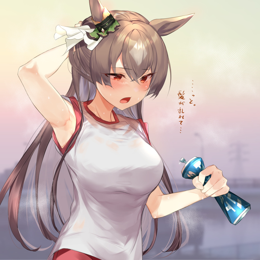 1girl absurdres animal_ears arm_up armpits blush bottle breasts commentary_request ear_ornament hair_between_eyes highres holding holding_bottle horse_ears horse_girl long_hair medium_breasts multicolored_hair open_mouth outdoors red_eyes red_shorts satono_diamond_(umamusume) shirt shorts solo streaked_hair sweat umamusume upper_body visible_air water_bottle white_hair white_shirt yomesuket