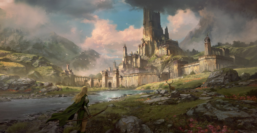 1girl blonde_hair bow cape castle cloud elf fantasy highres landscape mountain original pointy_ears river rock sanghyun_kam sky solo