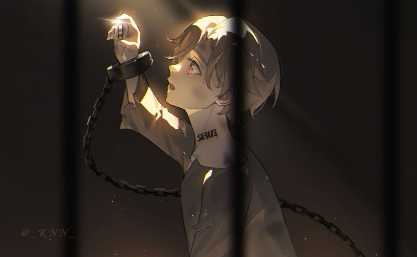 1boy aged_down aventurine_(honkai:_star_rail) blonde_hair chain chained chained_wrists highres honkai:_star_rail honkai_(series) kkknnnn looking_to_the_side male_focus neck_tattoo open_mouth prison_cell restrained shirt short_hair solo tattoo