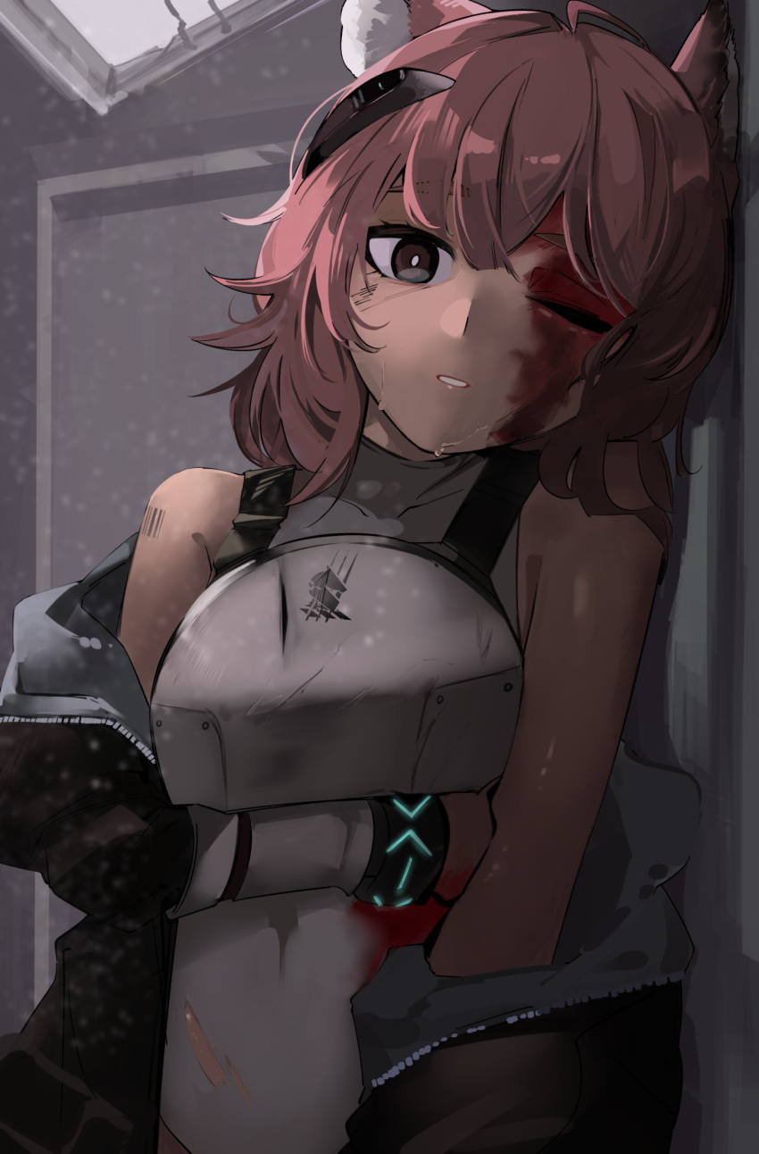 1girl ahoge animal_ear_fluff animal_ears ao_oni_(onioni-aoi) arknights barcode barcode_tattoo bare_shoulders black_eyes black_jacket blood blood_on_clothes blood_on_face bodysuit bright_pupils commentary_request crying crying_with_eyes_open gravel_(arknights) headgear highres infection_monitor_(arknights) injury jacket looking_at_viewer medium_hair missing_eye off_shoulder one_eye_closed parted_lips pink_hair scratches sleeveless sleeveless_bodysuit solo tattoo tears torn_clothes upper_body white_bodysuit white_pupils