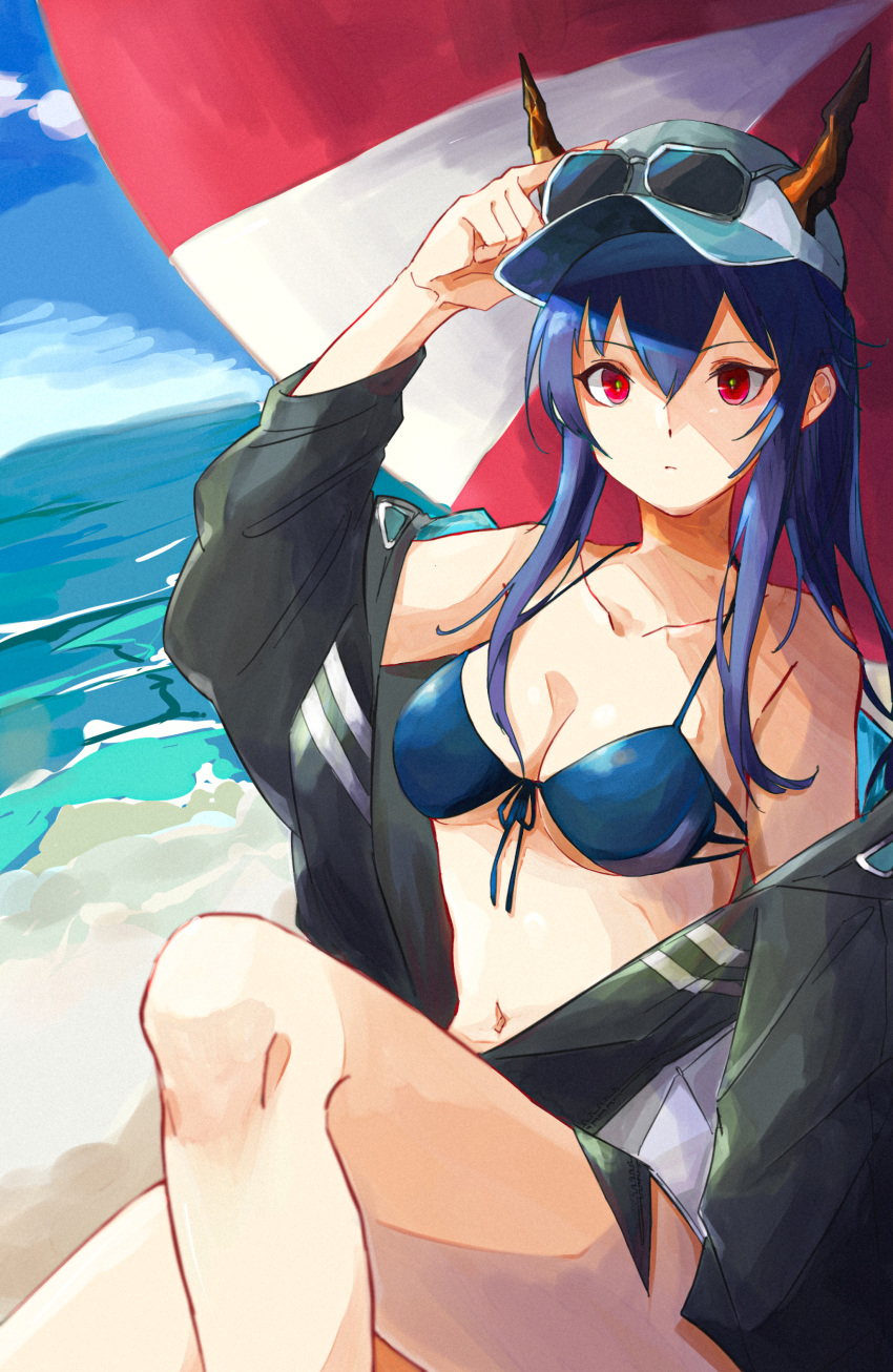 1girl absurdres aqua_headwear arknights arm_up bare_shoulders baseball_cap beach bikini blue_bikini breasts ch'en_(arknights) ch'en_the_holungday_(arknights) closed_mouth collarbone day dragon_girl dragon_horns expressionless green_jacket green_pupils grey_headwear hair_between_eyes hand_on_own_head harukan_tiusu hat highres horns horns_through_headwear jacket jacket_over_swimsuit knee_up long_hair long_sleeves looking_at_viewer medium_breasts navel ocean off_shoulder official_alternate_costume orange_horns outdoors purple_hair red_eyes solo sunglasses sunlight swimsuit unfinished