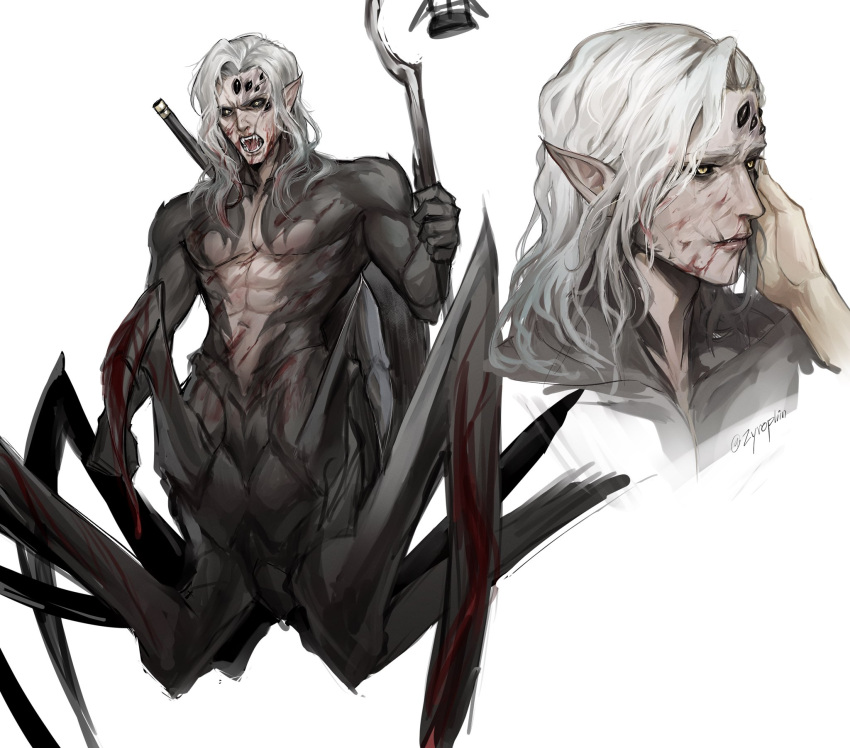 1boy abs angry arachne_boy arthropod_limbs artist_name baldur's_gate baldur's_gate_3 black_sclera black_skin blood blood_in_hair blood_on_face carapace colored_sclera colored_skin cropped_torso dungeons_and_dragons extra_eyes fangs grey_background grey_hair hand_on_another's_face highres holding holding_lantern kar'niss lantern light_smile male_focus medium_hair monster_boy multicolored_skin multiple_views open_mouth pectorals pointy_ears signature simple_background spider_boy standing twitter_username two-tone_skin v-shaped_eyebrows wavy_hair weapon weapon_on_back yellow_eyes zyrophin