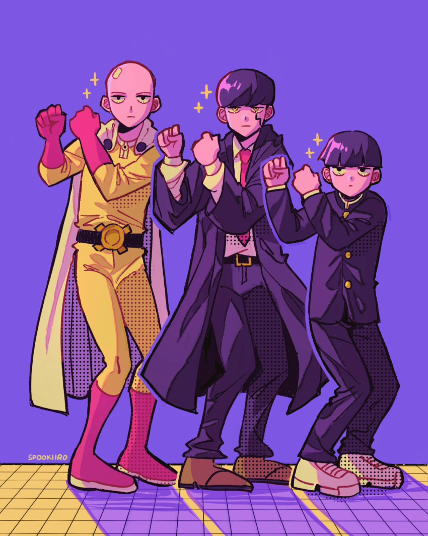 3boys bald black_coat black_hair black_jacket black_pants bling-bang-bang-born_(creepy_nuts) boots bowl_cut brown_footwear capelet coat collared_shirt commentary crossover dancing english_commentary facial_mark full_body gakuran gloves highres jacket jitome jumpsuit kageyama_shigeo knee_boots long_sleeves looking_at_viewer male_focus mash_burnedead mashle mob_psycho_100 multiple_boys multiple_crossover necktie one-punch_man pants red_footwear red_gloves red_necktie saitama_(one-punch_man) school_uniform shirt shoes short_hair simple_background sparkle spookiiro standing symmetrical_pose tile_floor tiles trait_connection white_capelet white_footwear white_shirt yellow_jumpsuit