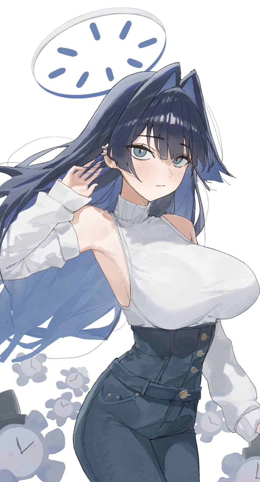 1girl absurdres arch_05x blue_eyes blue_hair blue_nails blue_pants blunt_bangs blush breasts colored_inner_hair denim detached_sleeves ear_piercing hair_intakes halo high-waist_pants highres hololive hololive_english jeans kronie_(ouro_kronii) large_breasts long_hair long_sleeves looking_at_viewer mechanical_halo multicolored_hair nail_polish official_alternate_costume ouro_kronii ouro_kronii_(casual) pants piercing shirt sideboob simple_background solo turtleneck two-tone_hair very_long_hair virtual_youtuber white_background white_shirt