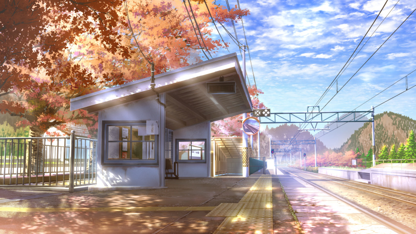 absurdres autumn autumn_leaves blue_sky cloud commentary_request dappled_sunlight forest highres mirror mountain mountainous_horizon nature no_humans original outdoors power_lines railing rural scenery sky smile_(qd4nsvik) sunlight traffic_mirror train_station train_station_platform tree utility_pole vanishing_point window