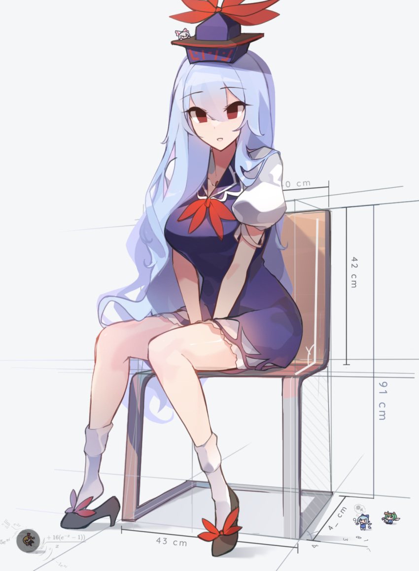 5girls ascot black_footwear blue_dress blue_hair blue_headwear breasts chibi cirno daiyousei dress fujiwara_no_mokou full_body highres kaliningradg kamishirasawa_keine looking_at_viewer multiple_girls on_chair puffy_short_sleeves puffy_sleeves red_ascot red_eyes rumia short_sleeves sitting smile socks touhou white_socks