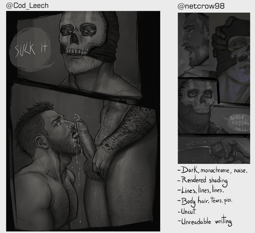 2boys arm_tattoo bara call_of_duty call_of_duty:_modern_warfare_2 chest_hair cod_leech completely_nude cum ejaculation english_text erection facial_hair fellatio ghost_(modern_warfare_2) greyscale highres large_pectorals licking licking_penis male_focus mask mask_lift monochrome multiple_boys muscular muscular_male nipples nude oral pectorals penis short_hair skull_mask soap_(modern_warfare_2) tattoo testicles tongue tongue_out twitter_username yaoi