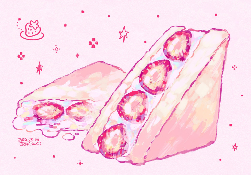 commentary_request cream dated food food_focus fruit highres kiato no_humans original pink_background signature simple_background sparkle strawberry strawberry_sandwich strawberry_slice
