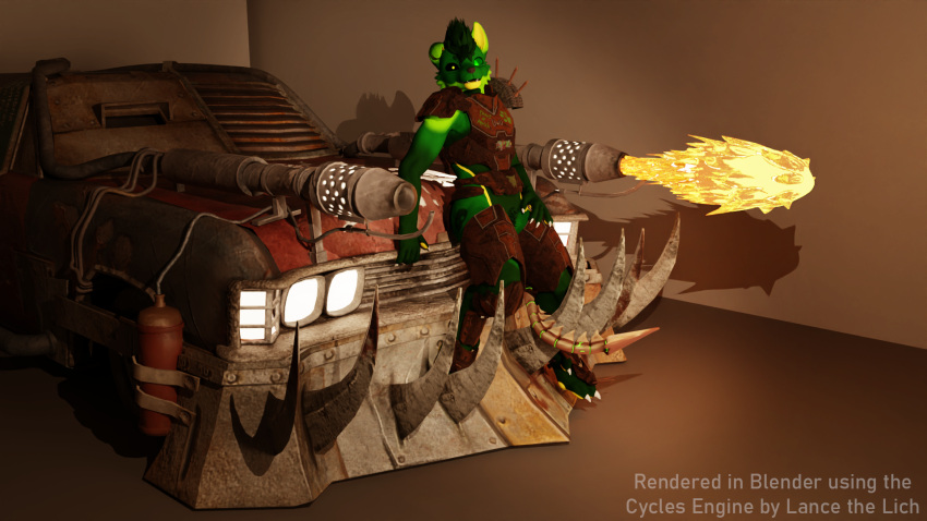 3d_(artwork) ambiguous_gender andromorph anthro armor bethesda_softworks bone_tail canid canine canis car digital_media_(artwork) fallout female fire flamethrower fur green_body green_fur gun hi_res intersex lance_the_lich lich male mammal photo_shoot pinup pose pubes raider_(fallout) ranged_weapon solo undead vehicle weapon wolf
