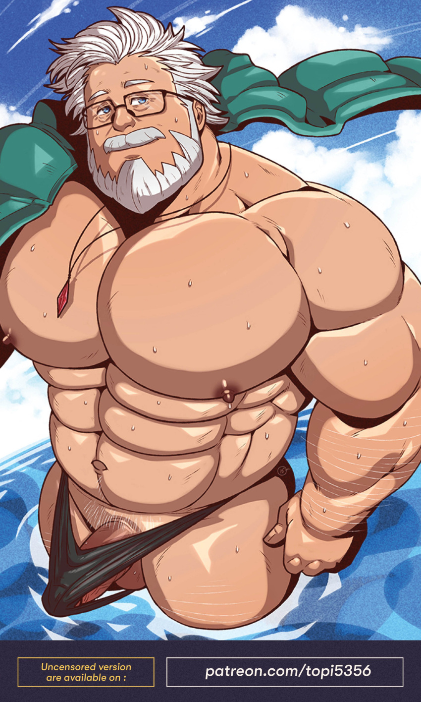 1boy abs absurdres arm_hair bara beard blue_eyes bulge cowboy_shot erection erection_under_clothes facial_hair from_above glasses highres jacket jacket_on_shoulders jewelry large_pectorals looking_at_viewer male_focus male_pubic_hair male_underwear mature_male muscular muscular_male necklace original partially_submerged pectorals penis penis_peek pubic_hair rectangular_eyewear smile solo sparse_arm_hair sparse_leg_hair testicles thick_beard thick_mustache topi_(topi5356) topless_male underwear water wet white_hair