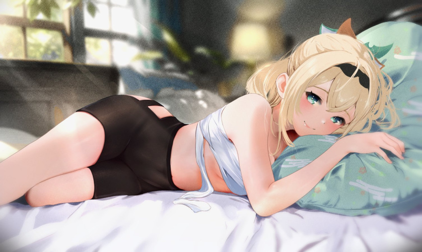 1girl black_hairband black_shorts blonde_hair blue_eyes blurry blurry_background blush breasts chest_sarashi closed_mouth cohi27151463 commentary covered_navel day double-parted_bangs feet_out_of_frame hair_ornament hairband hololive indoors kazama_iroha kazama_iroha_(1st_costume) leaf_hair_ornament light_rays looking_at_viewer lying medium_breasts medium_hair no_shirt on_bed on_side partially_undressed pillow ponytail sarashi short_shorts shorts smile solo sunlight virtual_youtuber window