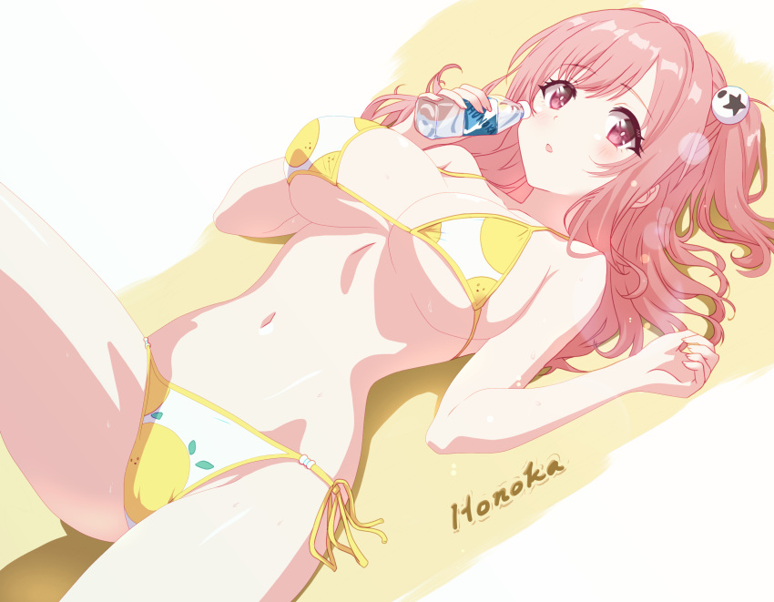 1girl arbiter1 azur_lane bikini bottle breasts cleavage cowboy_shot dead_or_alive highres honoka_(doa) honoka_(summer_angel_on_the_shore)_(doa) large_breasts long_hair looking_at_viewer lying navel one_side_up pink_hair red_eyes side-tie_bikini_bottom solo swimsuit two-tone_bikini yellow_bikini