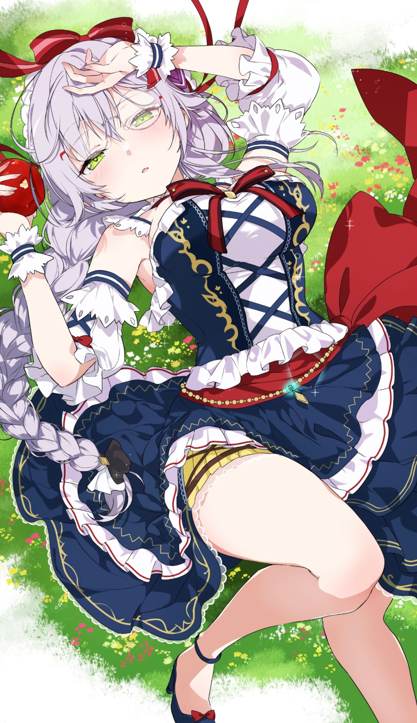 1girl apple bitten_apple blue_dress blush breasts detached_sleeves dress food food_bite fruit glasses green_eyes grey_hair hair_ornament heaven_burns_red highres holding holding_food holding_fruit izumi_yuki_(heaven_burns_red) k_i49 large_breasts long_hair lying on_back on_grass puff_and_slash_sleeves puffy_sleeves red_apple ribbon round_eyewear snow_white solo
