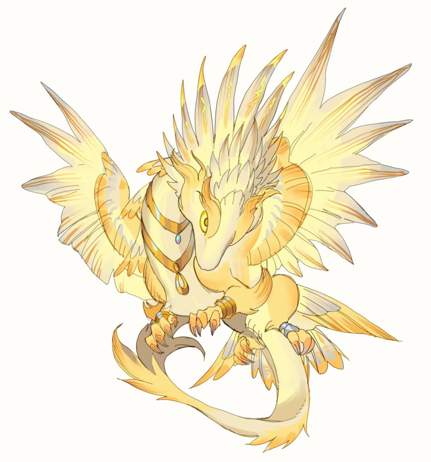 body_fur bracelet claws dragon dragon_tail dragon_wings feathered_wings flying full_body fur-tipped_tail highres jewelry leviair looking_at_viewer multiple_wings neck_ring no_humans original simple_background solo tail white_background wings yellow_eyes yellow_fur yellow_wings