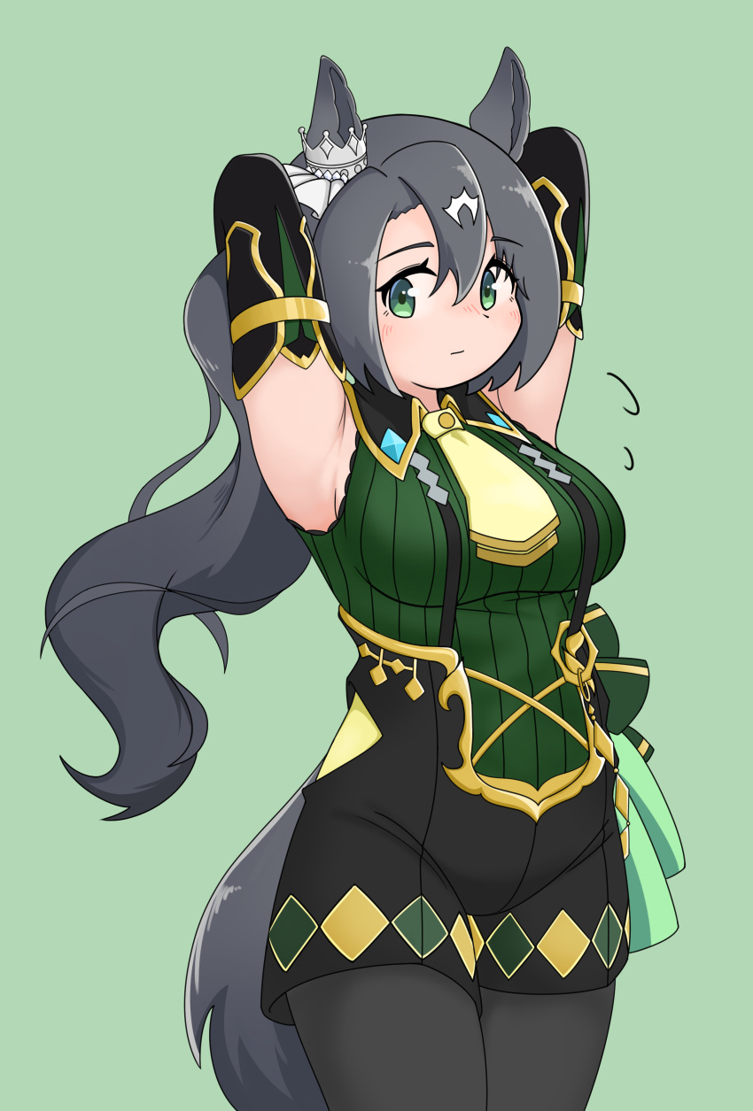 1girl absurdres animal_ears armpits arms_up black_hair black_pantyhose black_shorts blush boots breasts commentary_request ear_ornament elbow_gloves gloves green_background green_eyes hair_between_eyes hair_ornament highres horse_ears horse_girl horse_tail long_hair looking_at_viewer medium_breasts mintia1911 multicolored_hair open_mouth pantyhose satono_crown_(umamusume) shorts side_ponytail smile solo standing streaked_hair tail thigh_boots umamusume white_hair