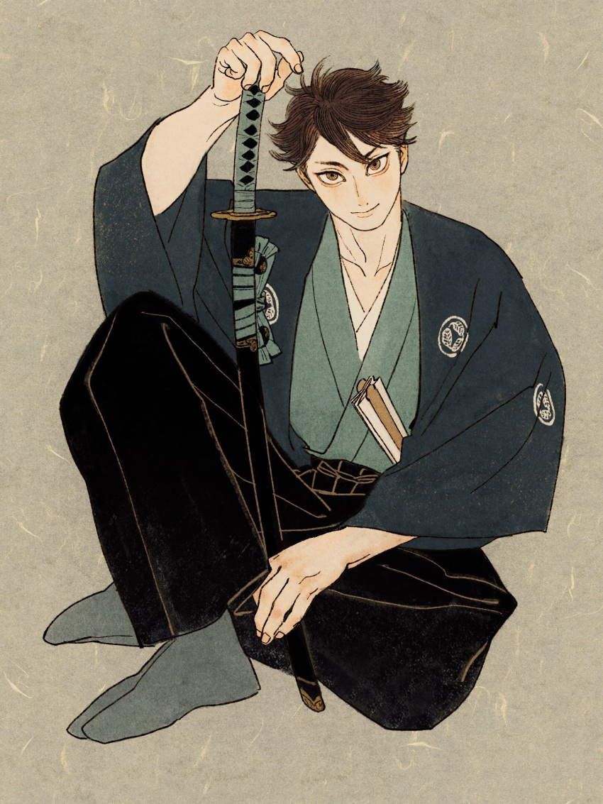 1boy black_pants brown_background brown_eyes brown_hair character_request check_character chengongzi123 closed_mouth folded_fan folding_fan full_body haikyuu!! hakama hakama_pants hand_fan highres holding holding_sword holding_weapon japanese_clothes katana long_sleeves looking_at_viewer male_focus oikawa_tooru_(haikyuu!!) pants paper_fan sheath sheathed short_hair simple_background sitting smile solo sword tabi very_short_hair weapon wide_sleeves