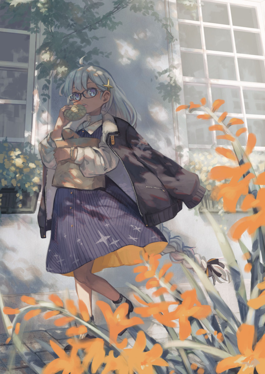 1girl absurdres ahoge bag bespectacled black_jacket blue_dress bracelet bread collared_dress dappled_sunlight day dress eating flower food from_side full_body fur-trimmed_jacket fur_trim glasses highres holding holding_bag holding_food jacket jacket_on_shoulders jewelry kizuna_akari kyo_mizusawa long_hair long_sleeves looking_at_viewer looking_to_the_side low-braided_long_hair low-tied_long_hair melon_bread official_alternate_costume open_mouth orange_flower outdoors paper_bag pinafore_dress pinstripe_dress pinstripe_pattern plant planter puffy_long_sleeves puffy_sleeves shade shirt_under_dress shoes sleeveless sleeveless_dress solo sunlight vines vocaloid voiceroid walking white_hair window