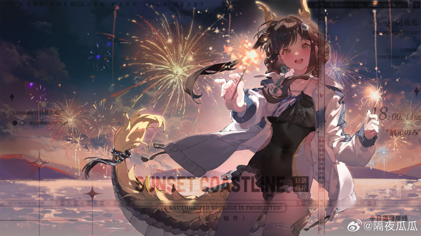 1girl :d aerial_fireworks black_choker black_one-piece_swimsuit blush braid breasts brown_hair casual_one-piece_swimsuit chinese_commentary chinese_text choker cloud collarbone commentary_request covered_navel cowboy_shot dragon_girl dragon_horns dragon_tail english_text fireworks frills geye_guagua hair_bun hair_ornament highres holding holding_fireworks horns jacket long_hair long_sleeves looking_at_viewer mountainous_horizon night ocean one-piece_swimsuit open_clothes open_jacket open_mouth original outdoors sky smile solo standing swimsuit tail teeth thigh_strap upper_teeth_only watermark weibo_logo weibo_username white_jacket yellow_eyes