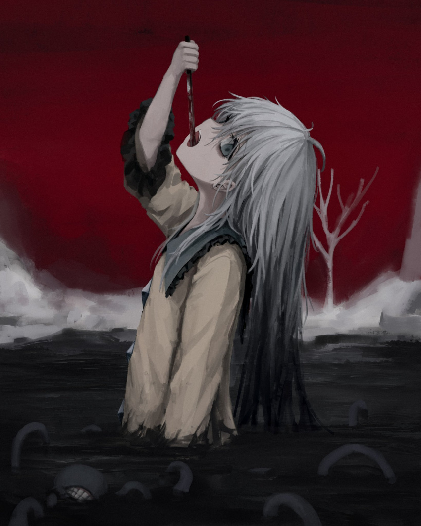 1girl alternate_hair_length alternate_hairstyle arm_at_side arm_up bare_tree blood blood_on_knife frilled_shirt frills from_side grey_eyes grey_hair highres holding holding_knife knife knife_in_mouth komeiji_koishi long_hair long_sleeves looking_at_viewer looking_to_the_side open_mouth partially_submerged red_sky reverinth shirt sky solo touhou tree upper_body yellow_shirt