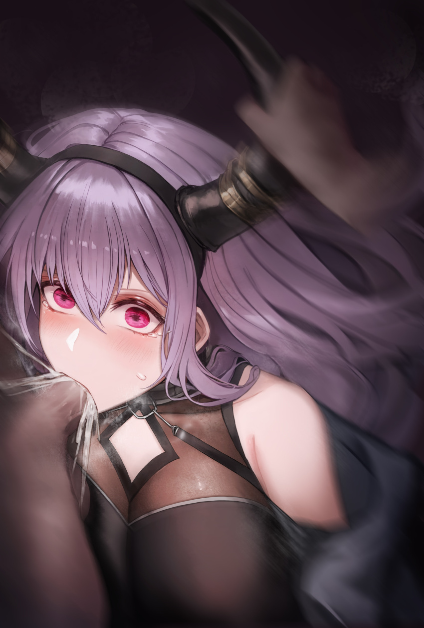 1boy 1girl absurdres arknights black_hairband breasts cum cum_in_mouth deepthroat ejaculation fellatio hairband highres horn_grab horns large_breasts long_hair motion_blur onedr oral out_of_frame penis purple_eyes purple_hair saliva_on_penis tears typhon_(arknights)