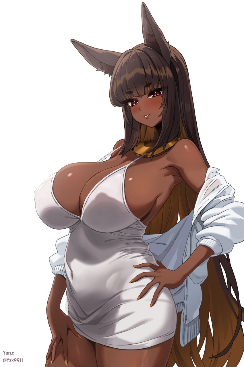 1girl absurdres animal_ears armpits bare_shoulders blunt_bangs blush breasts brown_eyes brown_hair cleavage colored_inner_hair commission covered_navel covered_nipples cowboy_shot curvy dark-skinned_female dark_skin dress eyelashes hand_on_own_hip hand_on_own_thigh highres huge_breasts jacket jacket_partially_removed jewelry lips long_hair looking_at_viewer multicolored_hair neck_ring off_shoulder open_clothes open_jacket original parted_lips red_eyes short_dress short_eyebrows simple_background smile solo straight_hair strap_gap thick_eyebrows tight_clothes tight_dress very_long_hair white_background white_dress white_jacket yan.c