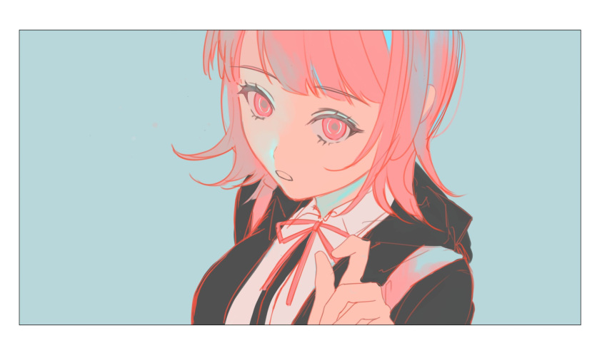 1girl black_jacket border collared_shirt danganronpa_(series) danganronpa_2:_goodbye_despair green_background hand_up highres jacket medium_hair nanami_chiaki neck_ribbon no_hair_ornament open_clothes open_jacket pink_eyes pink_hair pink_ribbon ribbon shirt solo teeth two-tone_shirt wa~a white_border