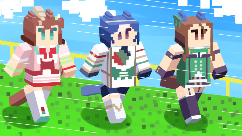 3girls animal_ears blue_hair brown_hair cesario_(umamusume) cloud commentary_request grass hair_between_eyes hair_ornament highres horse_ears horse_tail king_halo_(umamusume) minecraft multiple_girls narumi_yuzurai purple_eyes rhein_kraft_(umamusume) running sky sleeveless tail thighhighs umamusume