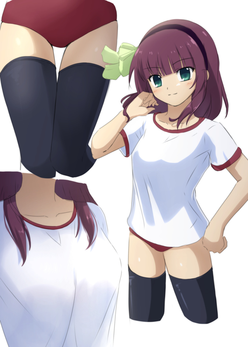 1girl absurdres alternate_costume angel_beats! black_hairband black_thighhighs blunt_bangs blush bow breasts buruma close-up closed_mouth collarbone commentary_request cowboy_shot eyes_visible_through_hair green_bow green_eyes gym_uniform hair_bow hairband hand_on_own_hip hand_up highres lelie_(lelie_link) looking_at_viewer medium_breasts medium_hair multiple_views nakamura_yuri paid_reward_available purple_hair red_buruma shirt short_sleeves sidelocks simple_background smile solo split_mouth thigh_gap thighhighs white_background white_shirt