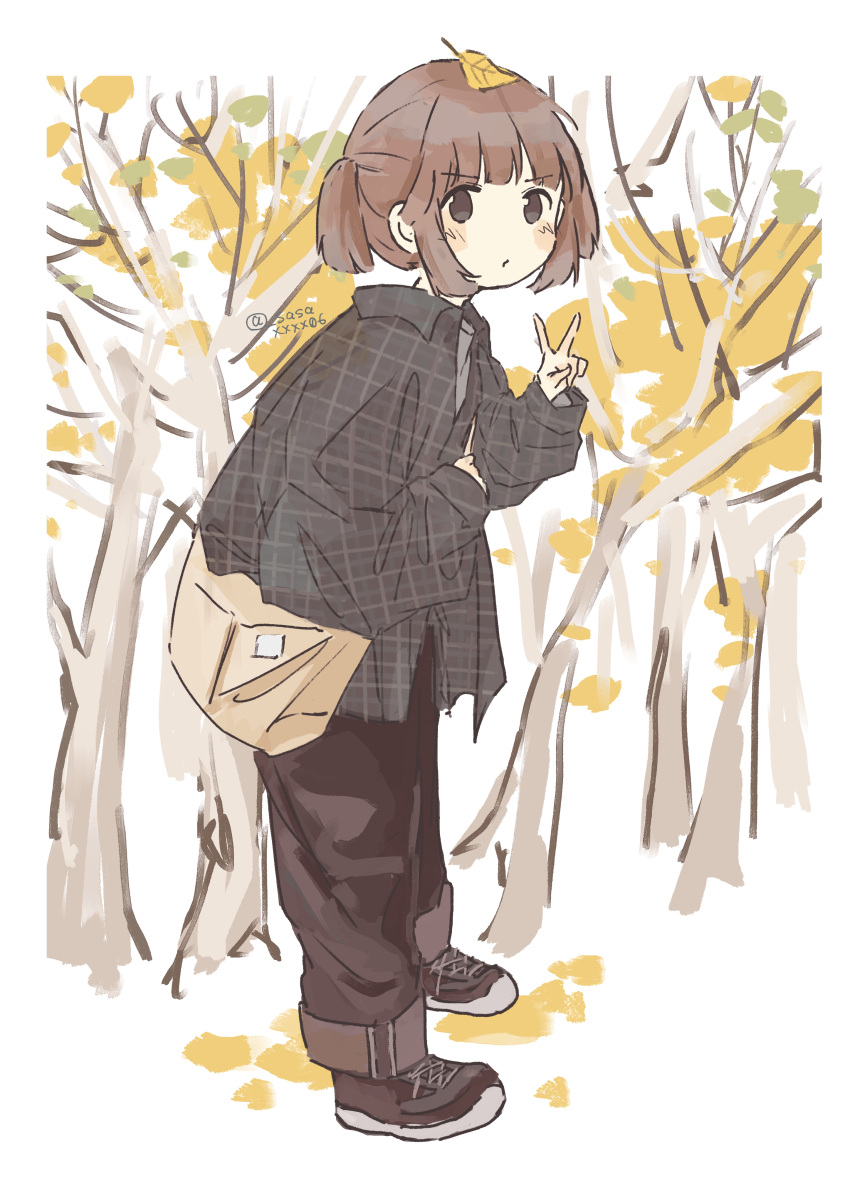 1girl absurdres autumn autumn_leaves bag blush brown_eyes brown_footwear brown_hair brown_pants closed_mouth collared_shirt from_side full_body ginkgo_leaf hand_up highres jacket leaf leaf_on_head long_sleeves looking_at_viewer original outdoors pants plaid plaid_shirt ponytail sasaxxxx06 shirt shoes short_hair shoulder_bag sketch sneakers solo standing tree twitter_username v