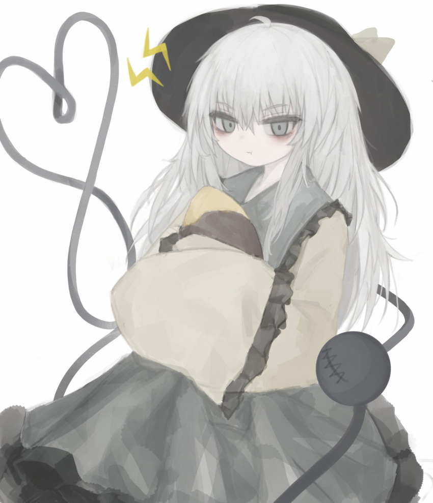 1girl alternate_hair_length alternate_hairstyle bags_under_eyes black_hat closed_mouth frilled_shirt frilled_skirt frills grey_eyes grey_hair grey_skirt hat heart heart_of_string highres holding komeiji_koishi lightning_bolt_symbol long_hair long_sleeves looking_at_viewer muted_color pout reverinth shirt simple_background skirt sleeves_past_fingers sleeves_past_wrists solo touhou white_background wide_sleeves yellow_shirt