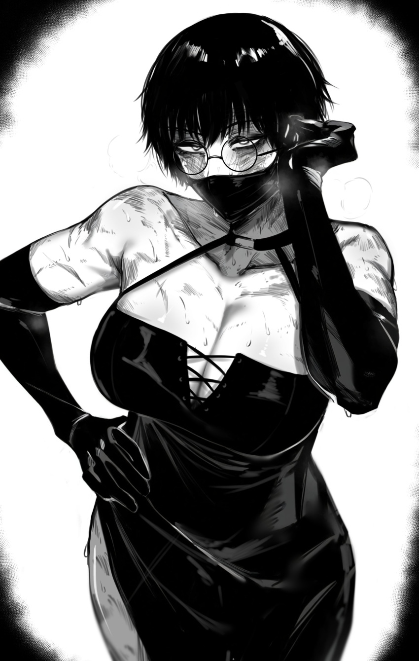 absurdres black_dress breasts burn_scar dress glasses greyscale highres jujutsu_kaisen mask monochrome mouth_mask muscular muscular_female round_eyewear scar scar_on_arm scar_on_face simple_background too_many too_many_scars zen'in_maki zovokia
