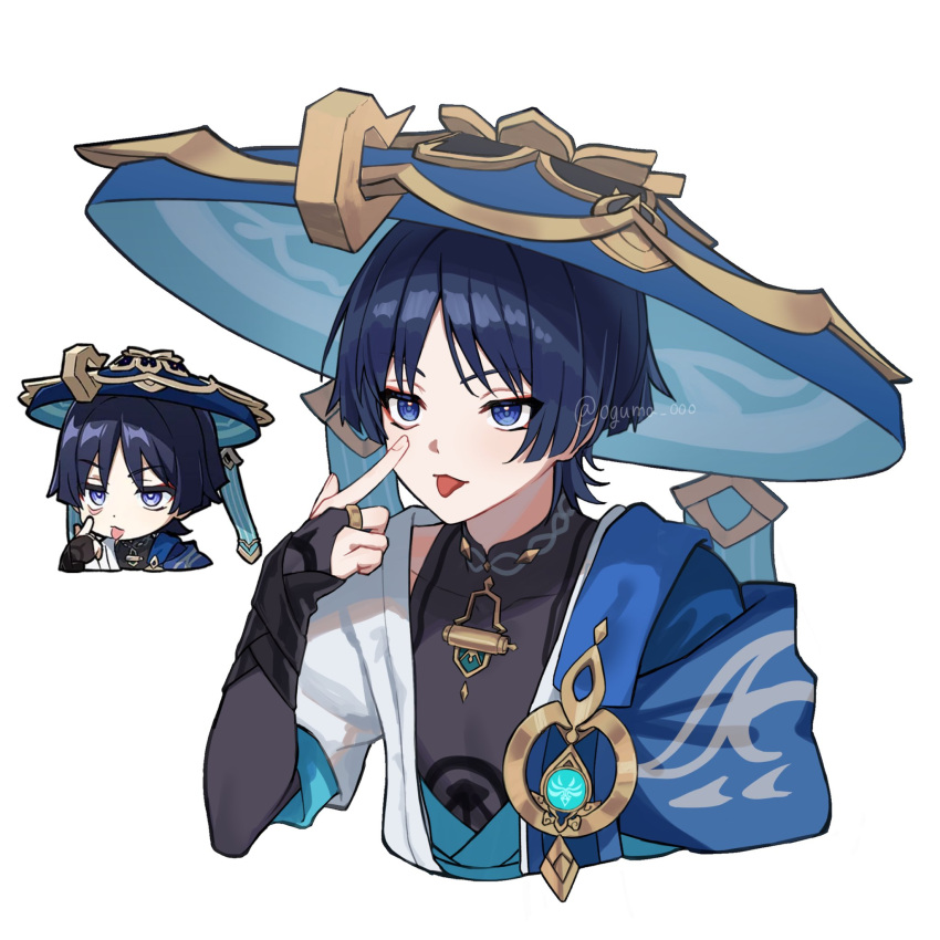 1boy akanbe black_gloves black_shirt black_sleeves blue_eyes blue_hair eyelid_pull fingerless_gloves genshin_impact genshin_impact_sticker_redraw_(meme) gloves hair_between_eyes hat highres japanese_clothes looking_at_viewer male_focus meme oguma_000 scaramouche_(genshin_impact) shirt short_hair tongue tongue_out vision_(genshin_impact) wanderer_(genshin_impact)