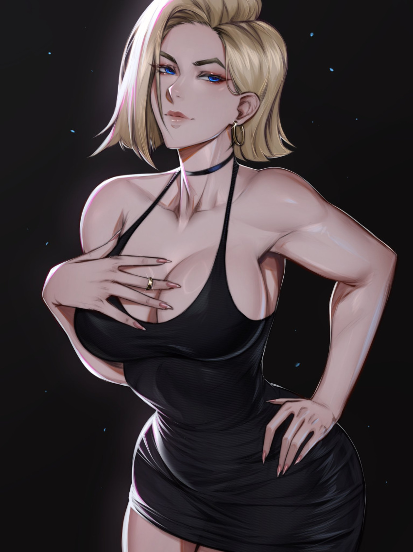 1girl aether_whiskey android_18 asymmetrical_hair black_choker black_dress blonde_hair blush breasts choker cleavage collarbone commentary curvy dragon_ball dragon_ball_super dragon_ball_z dress earrings english_commentary fingernails flipped_hair forehead hand_on_own_hip highres hoop_earrings jewelry large_breasts light_smile narrow_waist no_bra ring sharp_fingernails short_dress short_hair sideboob solo spaghetti_strap thick_eyebrows toned wedding_ring