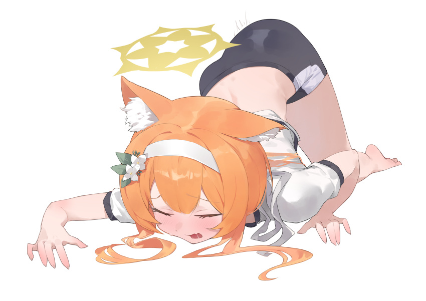 1girl absurdres animal_ear_fluff animal_ears ass barefoot black_shorts blue_archive blush cat_ears closed_eyes flower gym_shirt gym_shorts gym_uniform hair_flower hair_ornament halo headband highres long_hair mari_(blue_archive) mari_(track)_(blue_archive) open_mouth orange_hair riok_hh shirt short_sleeves shorts simple_background solo toes white_background white_flower white_headband white_shirt yellow_halo