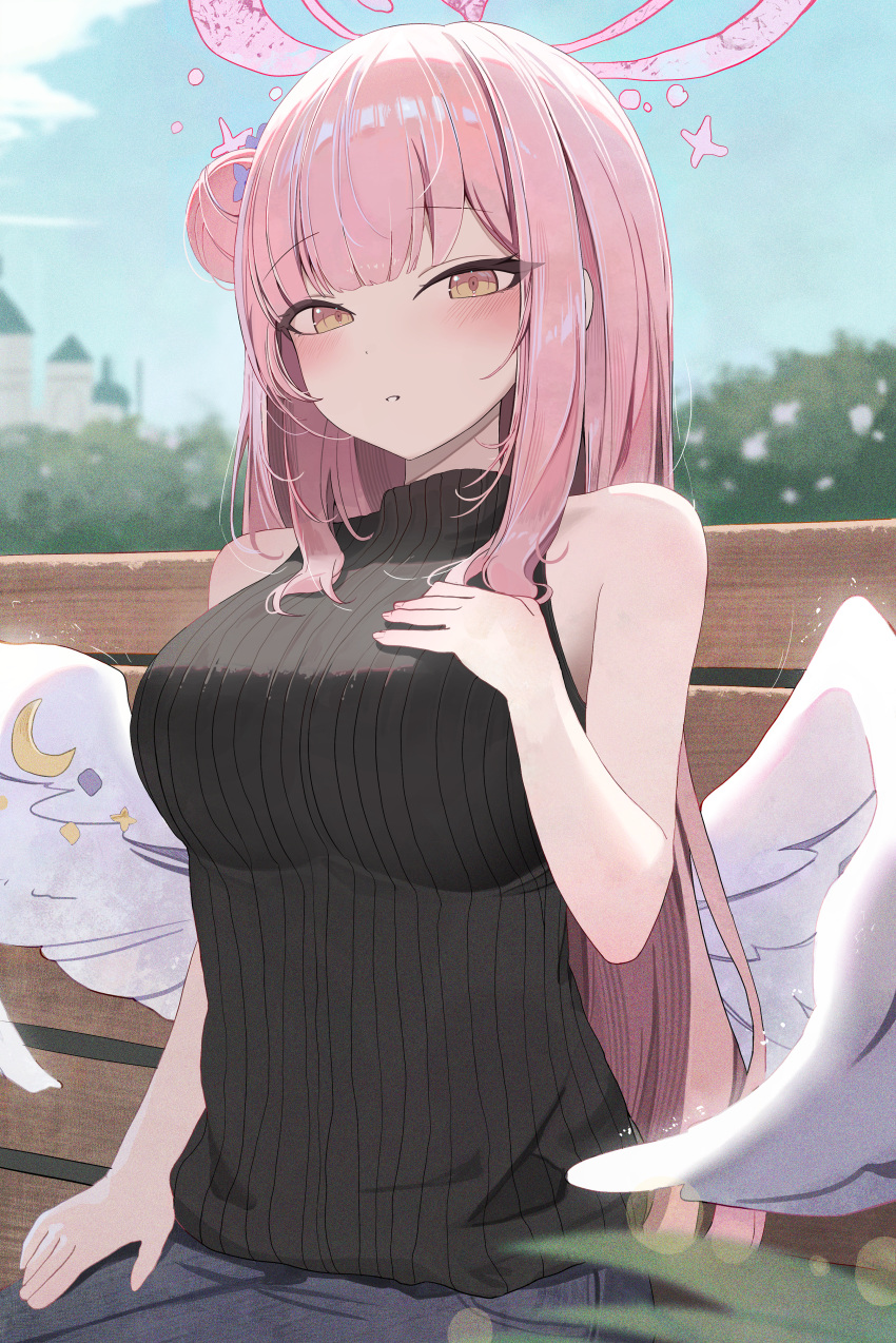 1girl absurdres angel_wings black_sweater blue_archive blush breasts day ellaje feathered_wings flower hair_bun hair_flower hair_ornament halo highres large_breasts long_hair mika_(blue_archive) outdoors parted_lips pink_hair pink_halo purple_flower ribbed_sweater single_side_bun sleeveless sleeveless_sweater solo sweater white_wings wings yellow_eyes