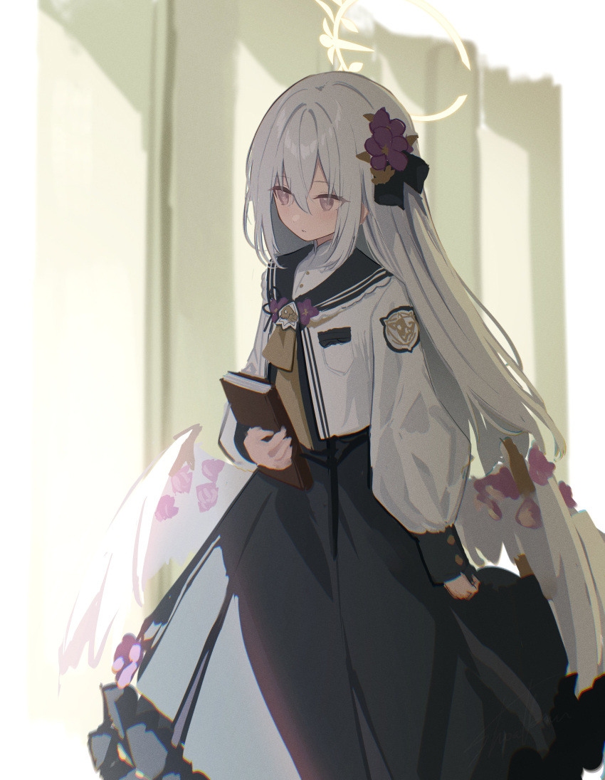1girl absurdres angel_wings azusa_(blue_archive) black_dress blue_archive book closed_mouth dress feathered_wings flower grey_hair hair_flower hair_ornament halo highres holding holding_book jacket long_hair long_sleeves open_clothes open_jacket purple_eyes purple_flower solo takashima_shoa white_jacket white_wings wings yellow_halo