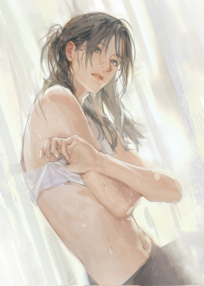 1girl bare_arms black_pantyhose blue_eyes bra brown_hair corrupted_twitter_file crossed_arms highres kny_yy long_hair looking_at_viewer mole mole_under_eye navel original pantyhose parted_lips solo standing sweat underwear undressing upper_body water_drop white_bra