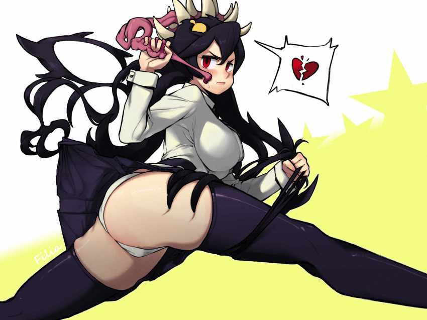 1girl black_hair black_skirt blush broken_heart collared_shirt filia_(skullgirls) heart highres panties red_eyes samson_(skullgirls) shirt simoncrys skirt skullgirls tongue underwear white_panties yellow_eyes